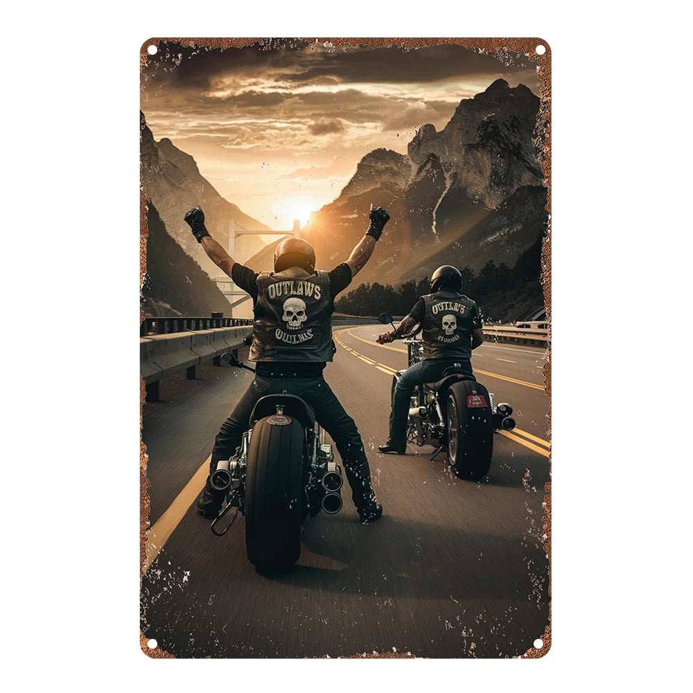 décoration murale métal motif motocyclistes coucher soleil surface brossée industrielle 15x20cm 20x30cm 30x40cm