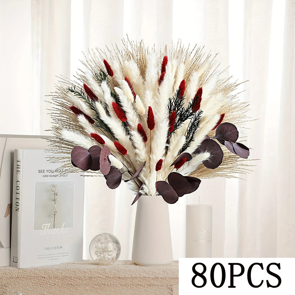 Bouquet fleurs séchées pampas blanche rouge décoration maison anniversaire boho festive