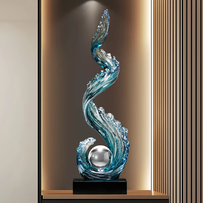 sculpture résine bleue vague moderne décoration intérieure entrée salon cadeau anniversaire nouvel an