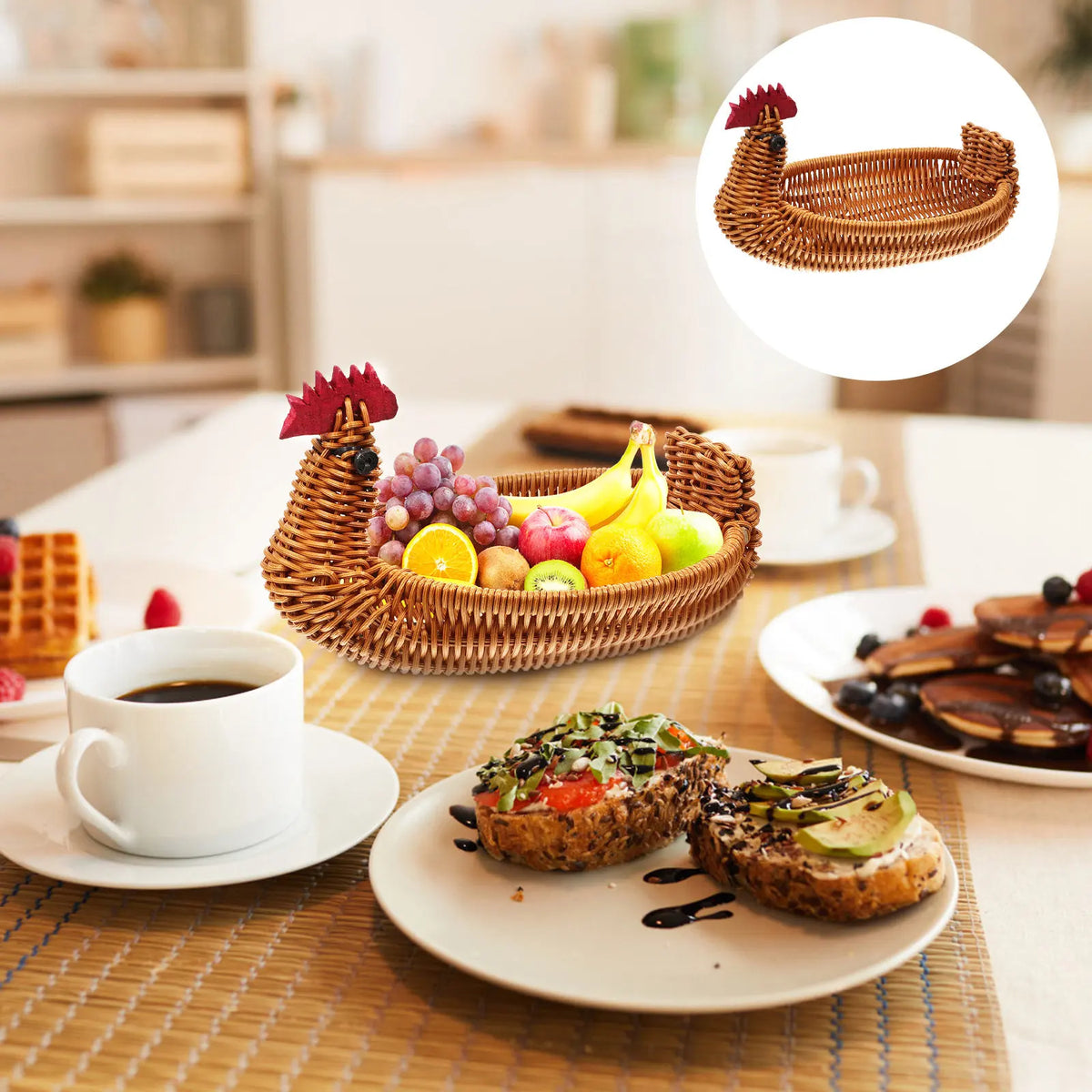 panier tressé forme poulet marron rouge rustique décoration cuisine fruits pain Pods
