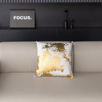 coussins décoratifs contemporains blanc doré motif abstrait non toxique respectueux environnement polyester opacité fixés