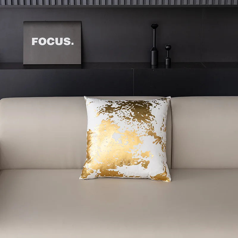 coussins décoratifs contemporains blanc doré motif abstrait non toxique respectueux environnement polyester opacité fixés