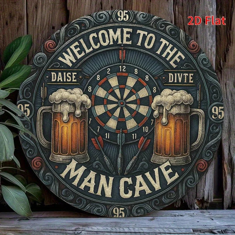 plaque métal vintage cible fléchettes bienvenue man cave tasses bière points rouge noir