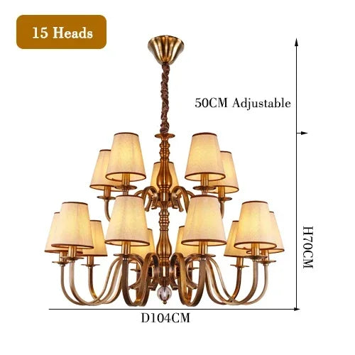 chandelier bronze classique suspension lumière abat jours tissu texturé courbes salle manger