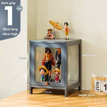 meuble rangement casiers gris métallisé portes acrylique transparent vitrine figurines jouets maison moderne