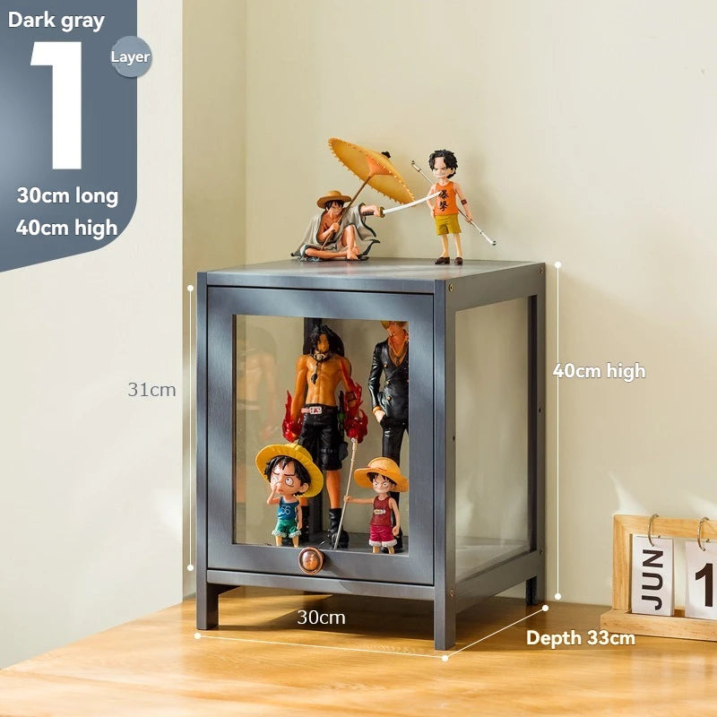 meuble rangement casiers gris métallisé portes acrylique transparent vitrine figurines jouets maison moderne