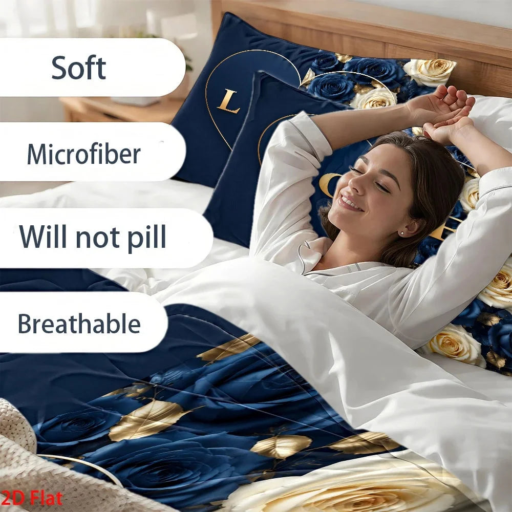 housse couette taies oreiller ensemble literie motif roses love cœur doré romantique bleu doré