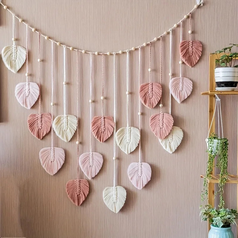 guirlande murale boho chic feuilles rose clair tissées artificielles crochets salon chambre