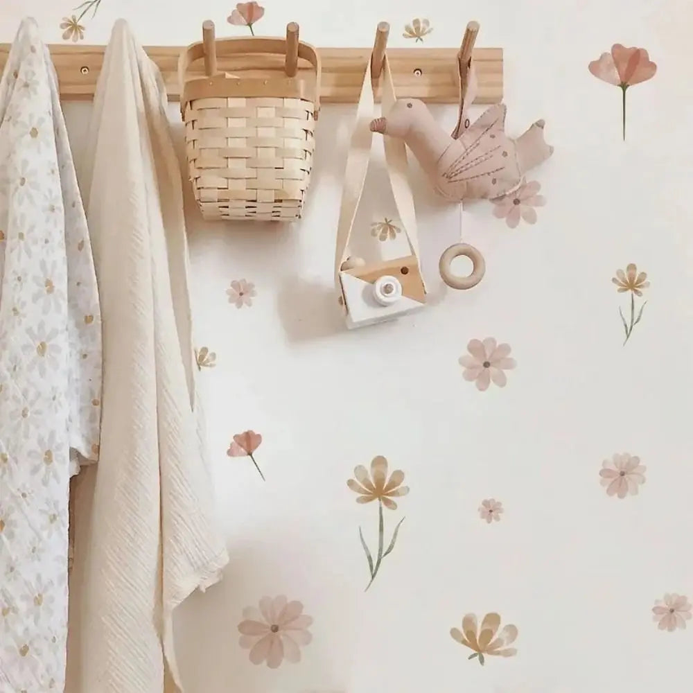papier peint fleurs décoratif floral adhésif beige rose vert bleu simple nature mur