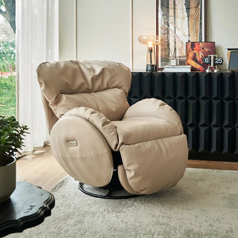 fauteuil relax rotatif beige clair moderne bouton commande salon maison confortable