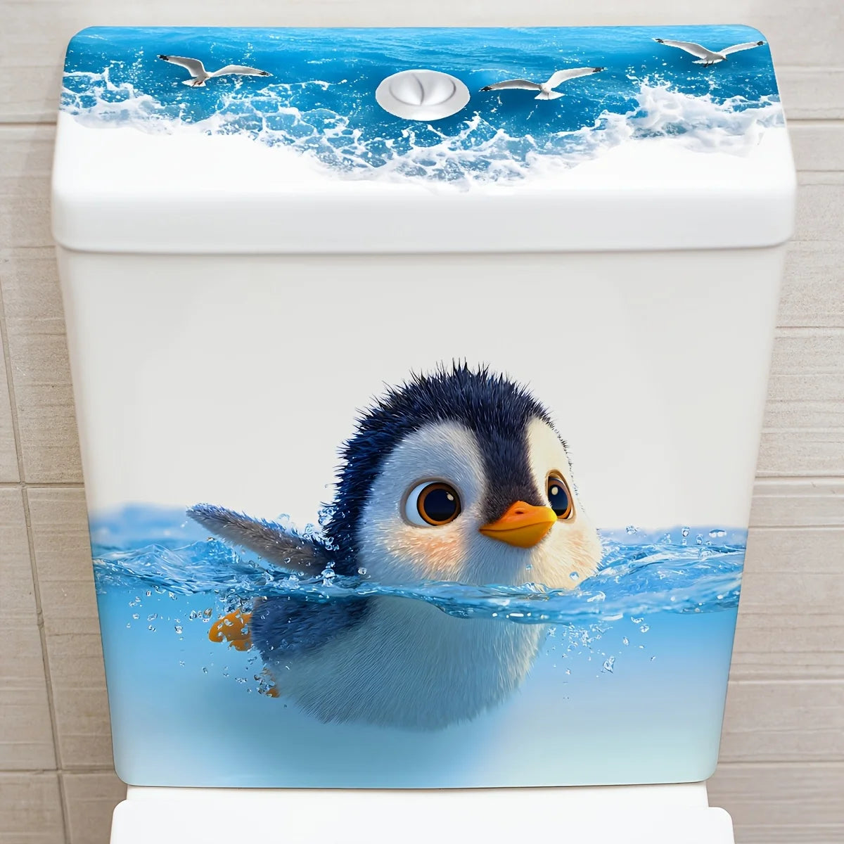 cache cuvette toilette pingouin bleu blanc illustration adhésive salle bain déco facile nettoyage