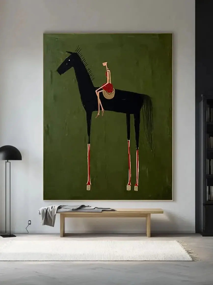 toile d'art contemporaine cheval noir fond vert abstraction décor intérieur horizontal sans cadre huile