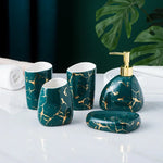 ensemble salle bain moderne marbre doré blanc distributeur savon porte brosse dents tasses plateaux