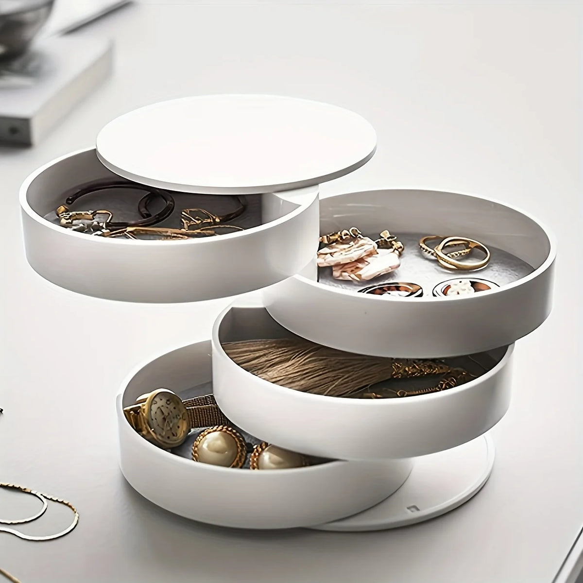 boîte bijoux rotative moderne blanc rose noir intérieur gris mat bagues bracelets colliers