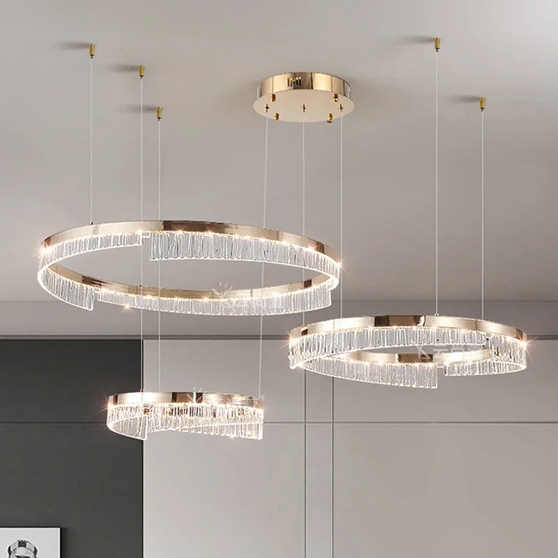 Suspension lumineuse moderne or transparent strass franges câbles suspendus led semi encastrée adjustable