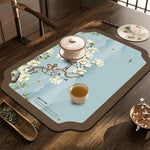 tapis table art traditionnel fleurs oiseaux bleu clair beige brun