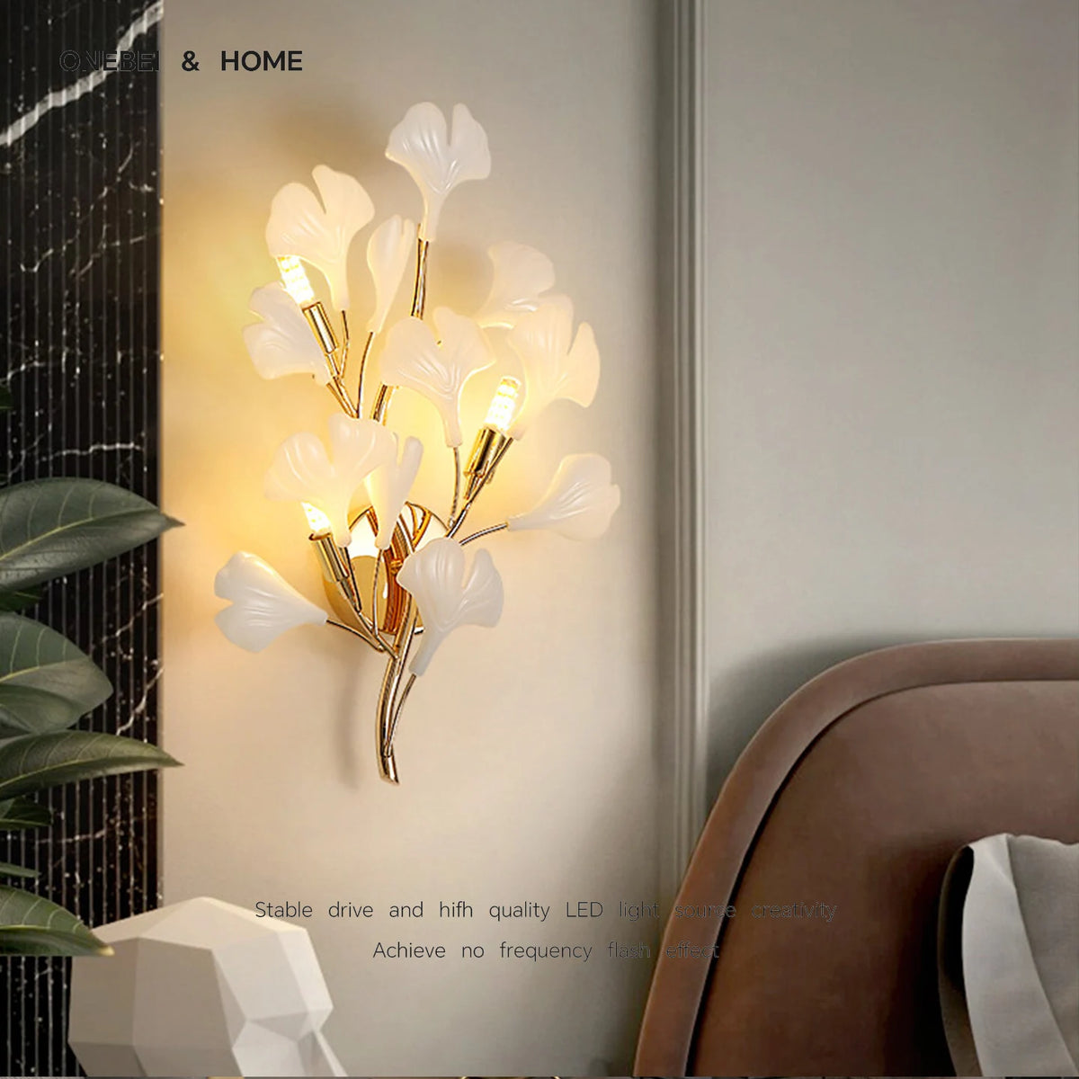 applique murale led moderne blanc doré feuilles stylisées contemporaine chambre salon cuisine