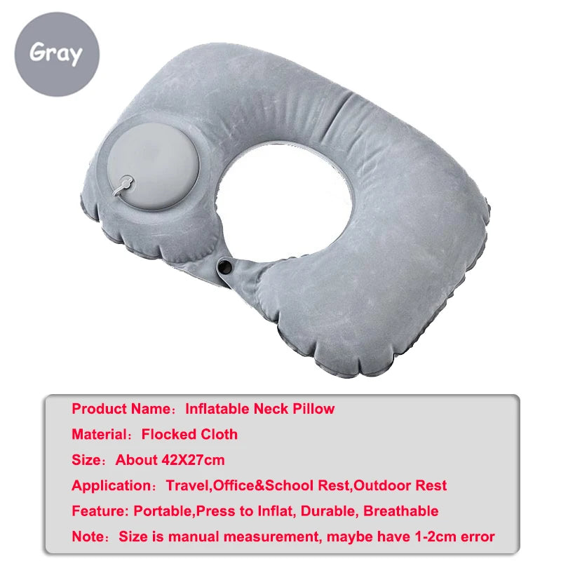coussin voyage gonflable forme cou confortable velours gris rose bleu ergonomique portable sac rangement