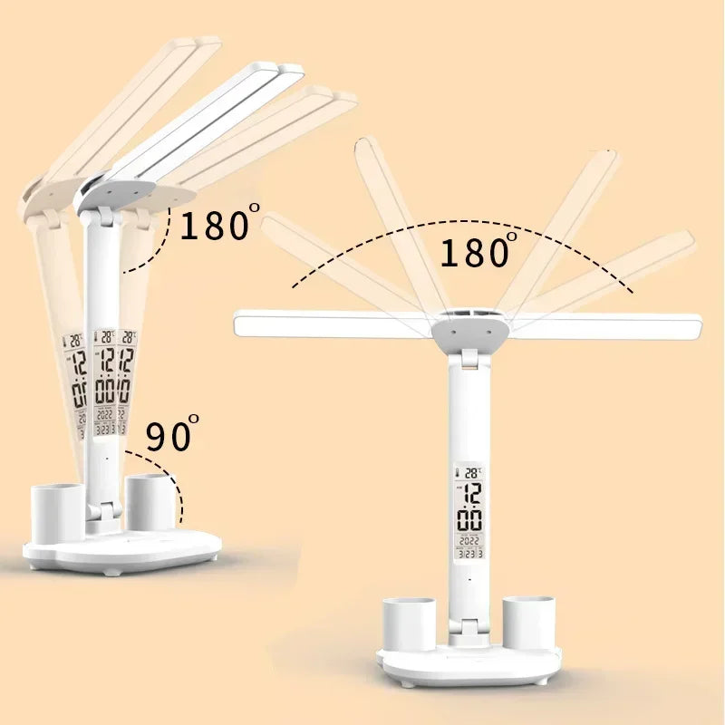lampe led usb tactile pliable affichage numerique temperature horloge deux porte stylos moderne blanc