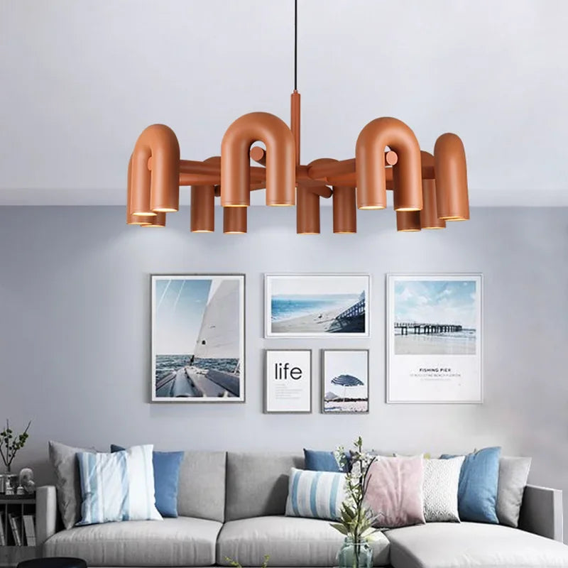 Suspension lumineuse moderne tubulaire contemporaine gris noir rouge ampoules intégrées