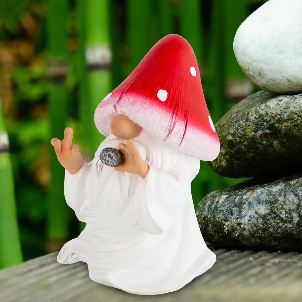 statue gnome jardin fée doigt milieu champignon résine couleurs vives décoration extérieure patio lawn