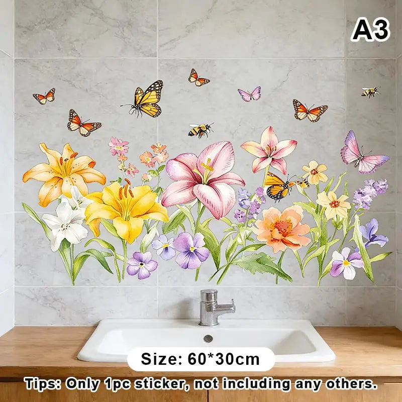 stickers muraux fleuris multicolores adhésifs art floral papillons lilas roses jaunes salon chambre deco