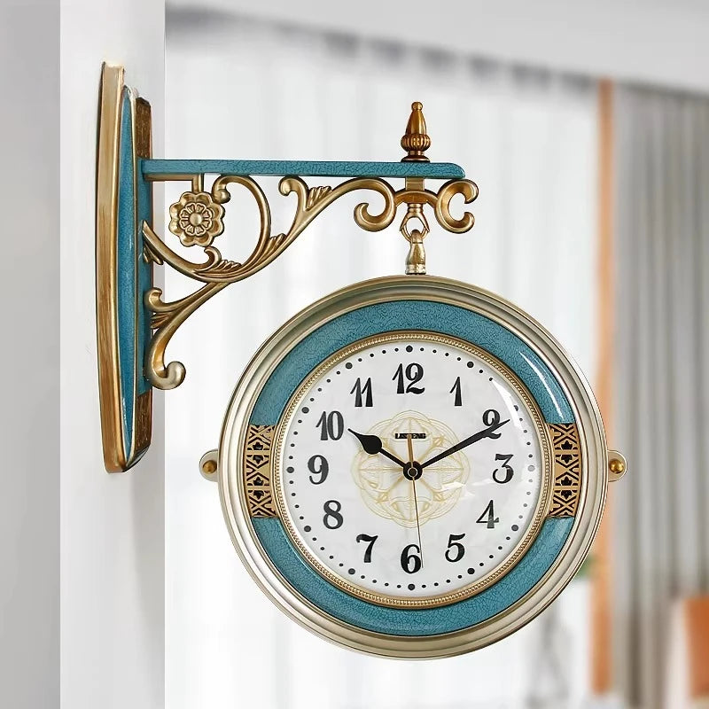 horloge murale double face bleu turquoise or décorative vintage figurines animales chambre salon
