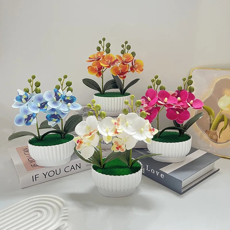 plantes artificielles fleurs orchidées pot blanc couleurs bleu rose vert moderne minimalisteintérieur salon chambre