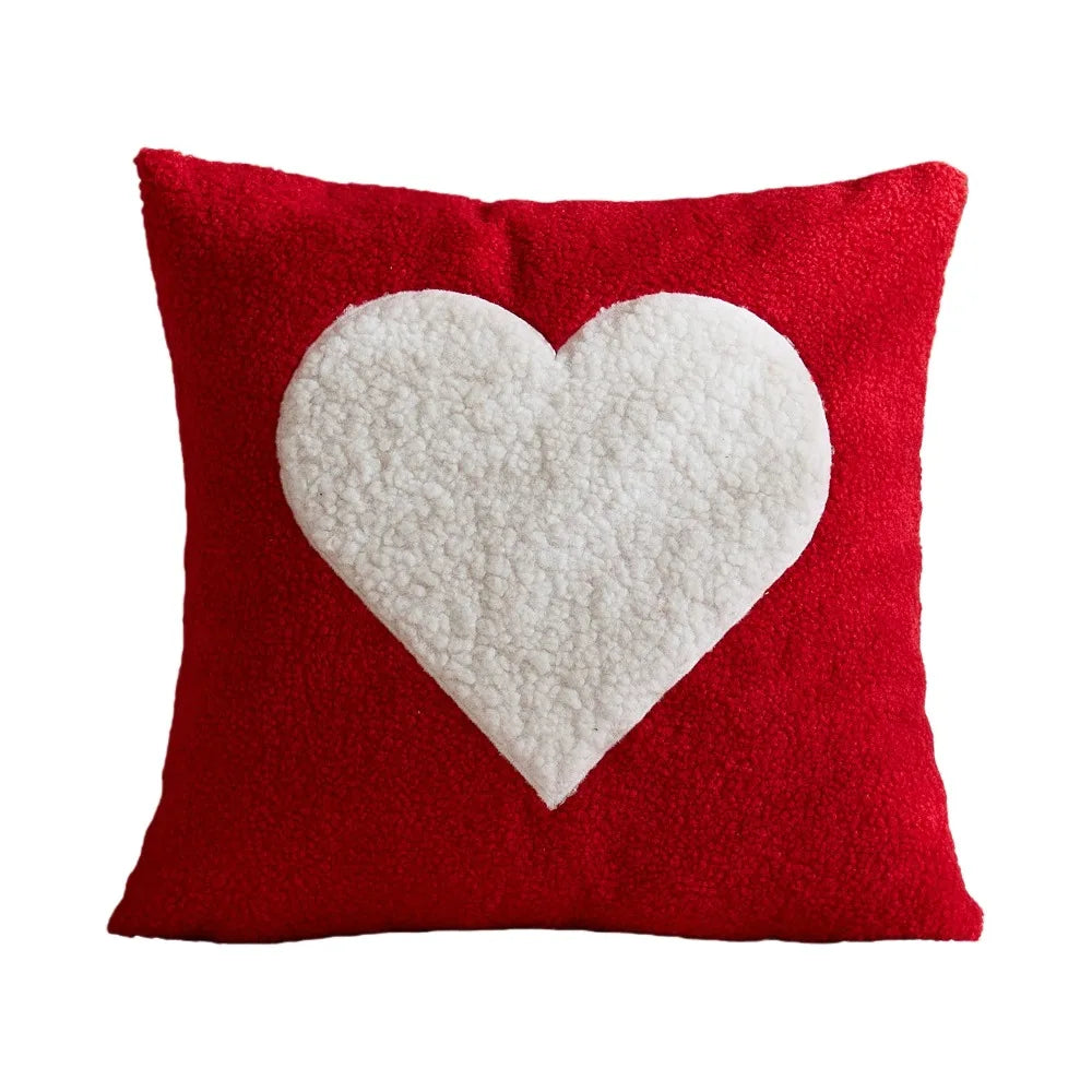 housse coussin décorative cœur rouge blanche moelleuse lit maison romantique cosy 45cm 45cm