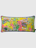 housse coussin scénique imprimé motif oriental cavaliers pagodes animaux moderne bleu rouge vert noir