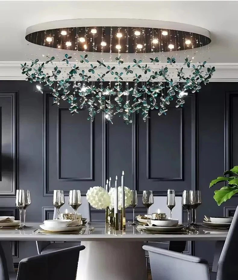 Suspension lumineuse moderne transparente fleurs papillon vert chambre salon restaurant