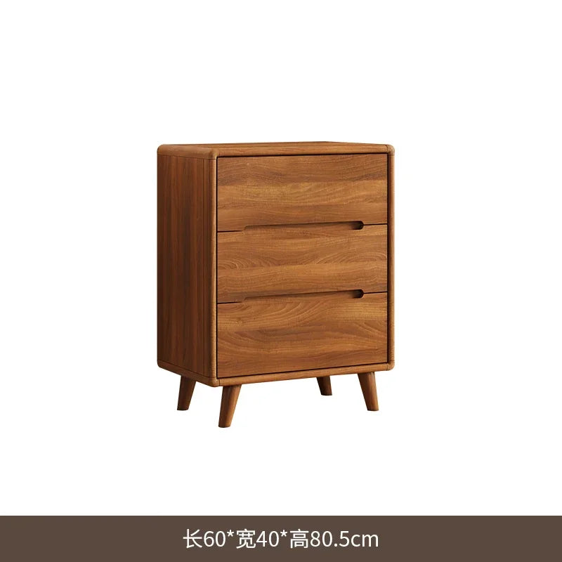 commode chêne foncé tiroirs modernes pieds bois poignées noires chambre salon