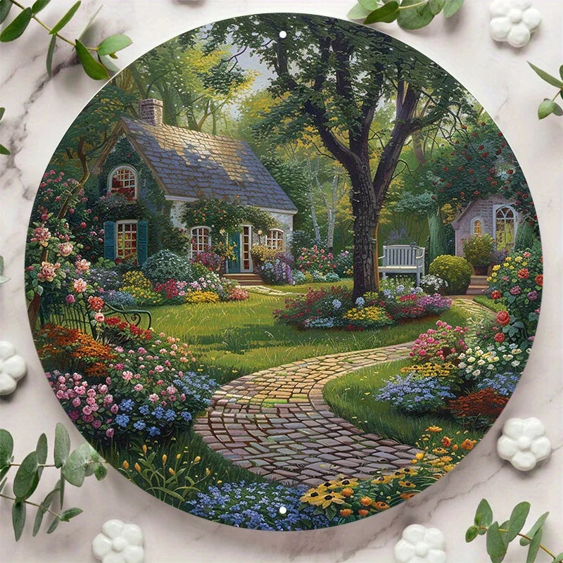 décoration murale ronde paysage rural jardin fleuri maison chemin pavé arbres multicolore 20cm