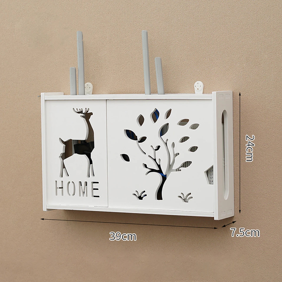 meuble rangement mural blanc bambou prises électriques étagères cable wifi
