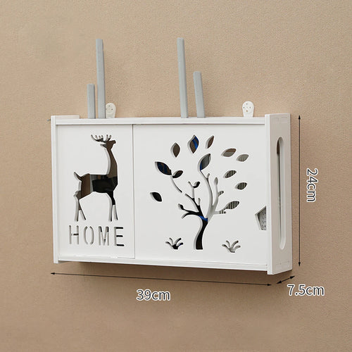 meuble rangement mural blanc bambou prises électriques étagères cable wifi