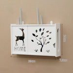 meuble rangement mural blanc bambou prises électriques étagères cable wifi