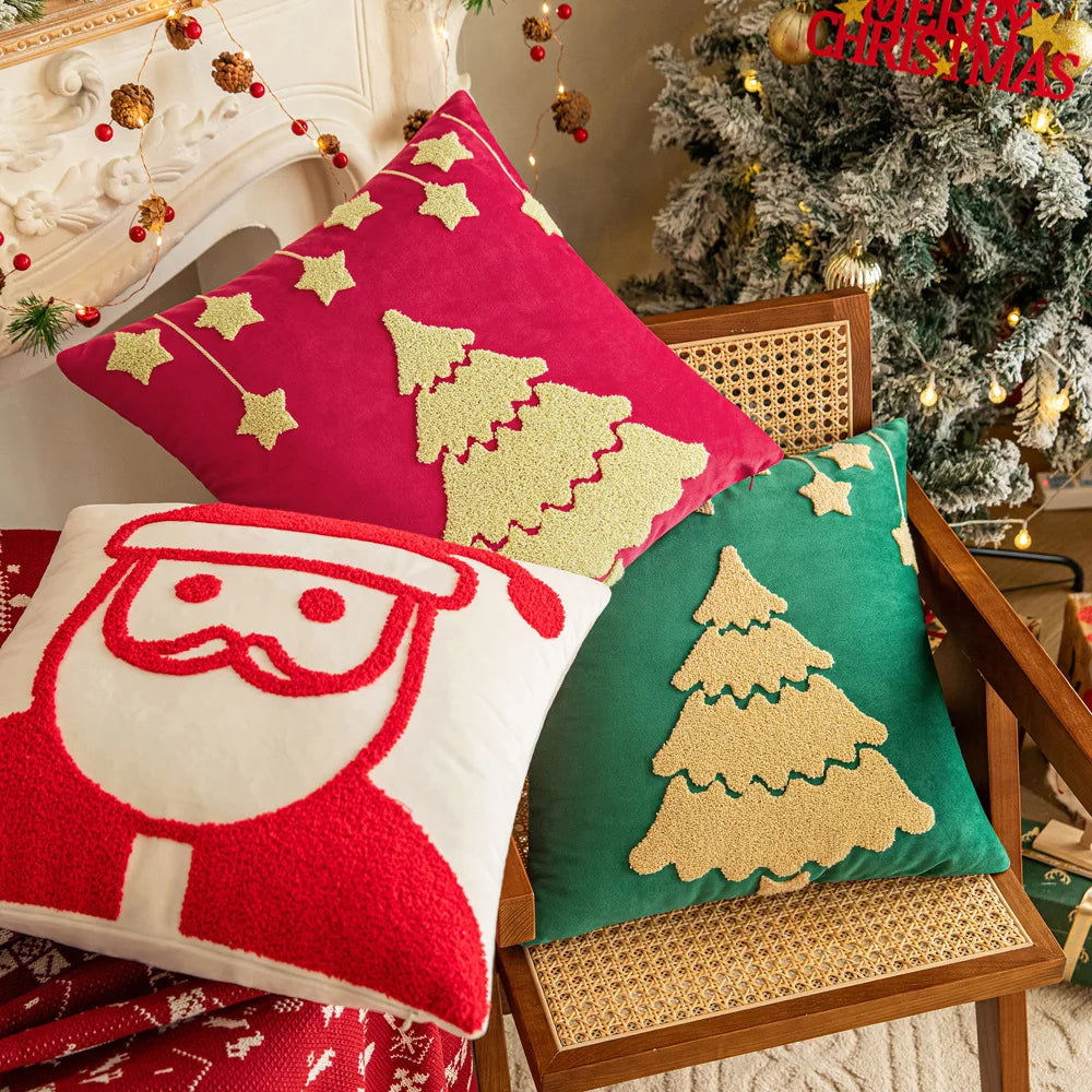 coussin brodé arbre noël étoiles dorées festif décoratif intérieur maison voiture 45x45cm polyester festive