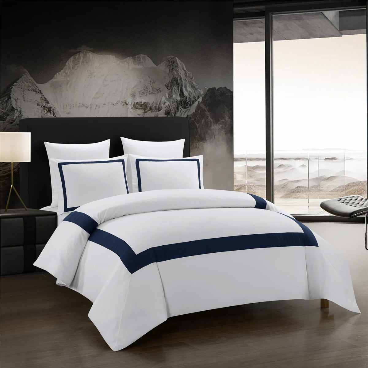 parure lit complète housse couette taies oreiller bleu marine rayures blanches