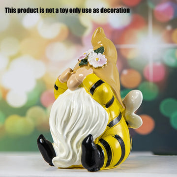 statuette gnome résine jaune abeille barbe blanche chapeau beige salon jardin décoration fantaisiste magique