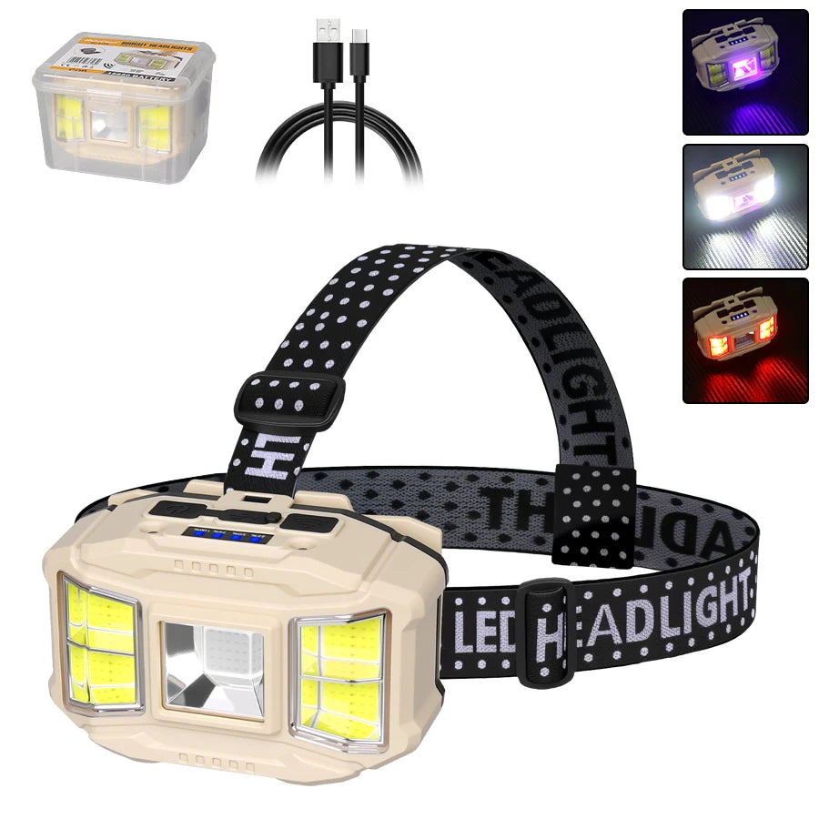 lampe frontale led rechargeable camping pêche élastique affichage puissance deux leds Jaune certifications CCC