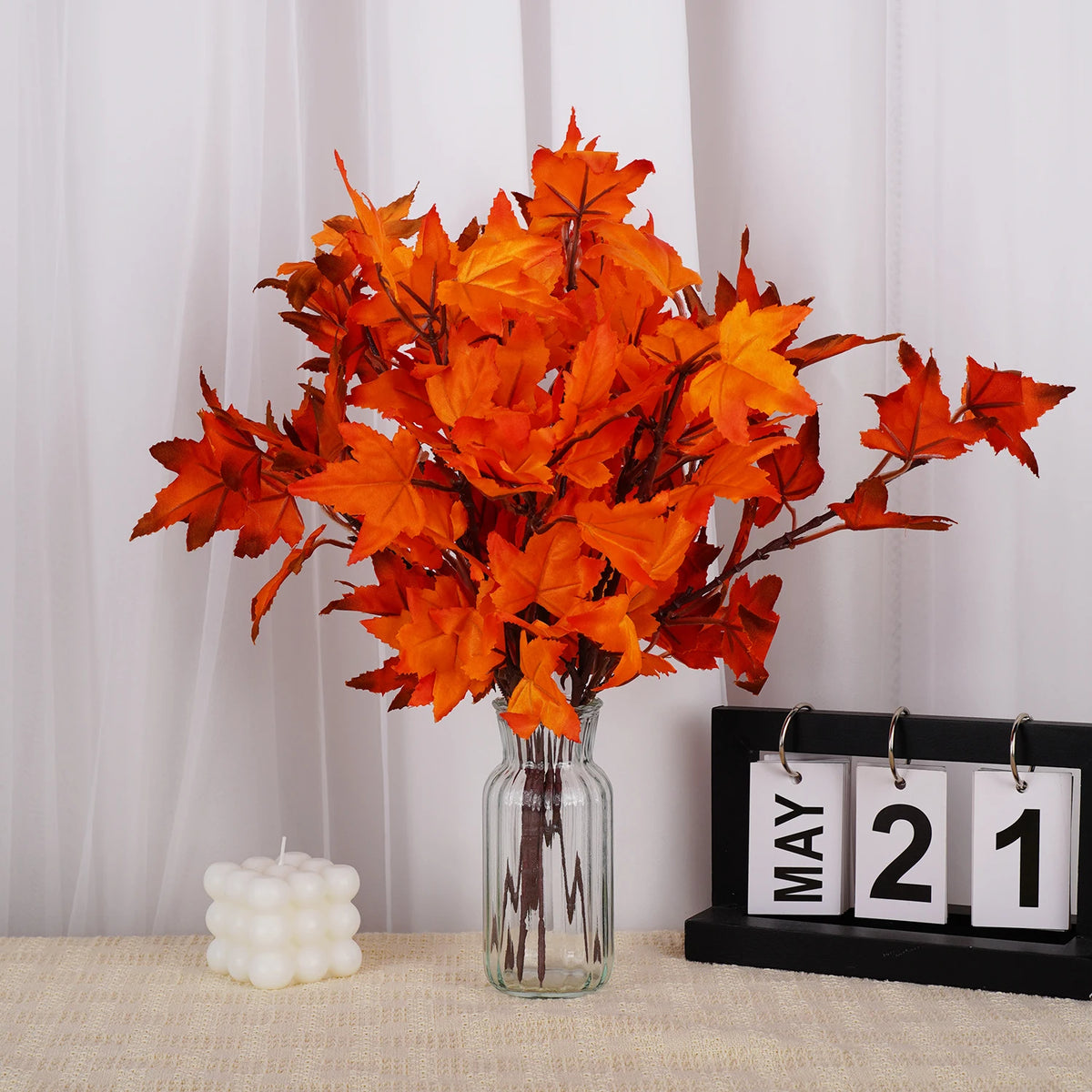 bouquet artificiel feuilles automne vase verre orange vert décoration naturelle intérieur extérieur