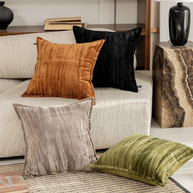 housse coussin carré velours rayé marron gris vert olive décorative canapé lit moderne