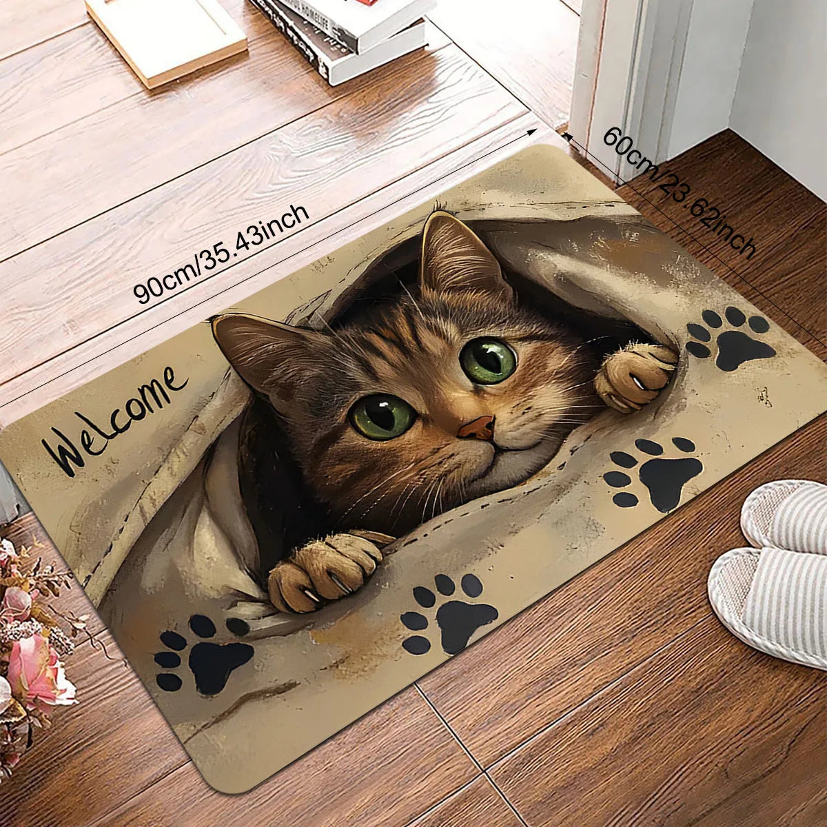 tapis d'entrée moderne chat welcome adhésif résistant extérieur intérieur beige noir vert gris