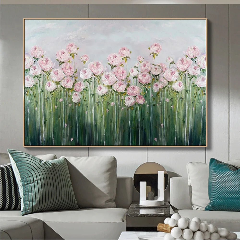 tableau abstrait fleurs peinture acrylique toile horizontale rose clair vert gris