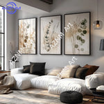tableaux abstraits minimaliste fleurs séchées naturels beige gris vert cadres floraux decoration chambre triptyque