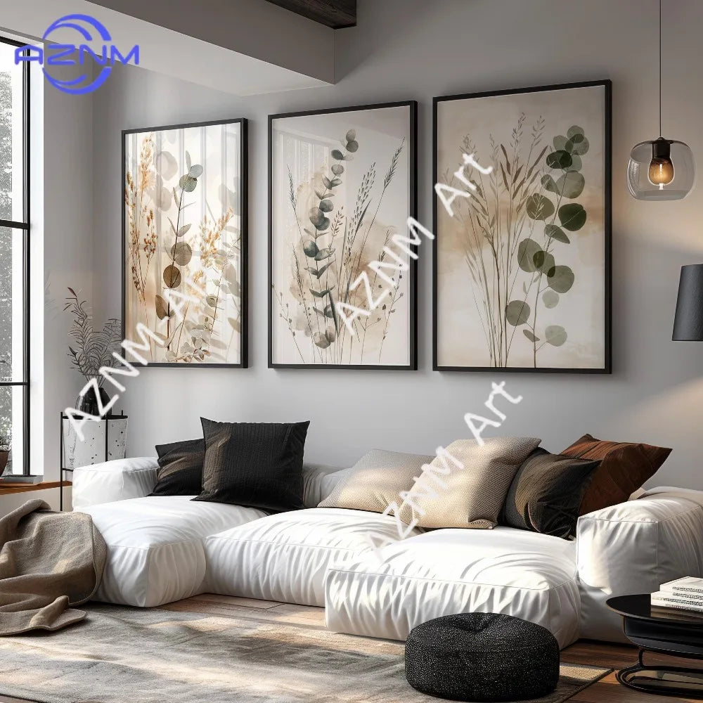 tableaux abstraits minimaliste fleurs séchées naturels beige gris vert cadres floraux decoration chambre triptyque