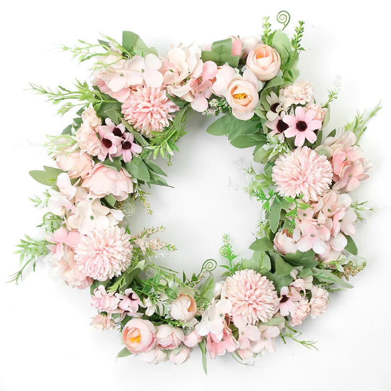décoration murale couronne florale artificielle rose clair blanc vert rustique