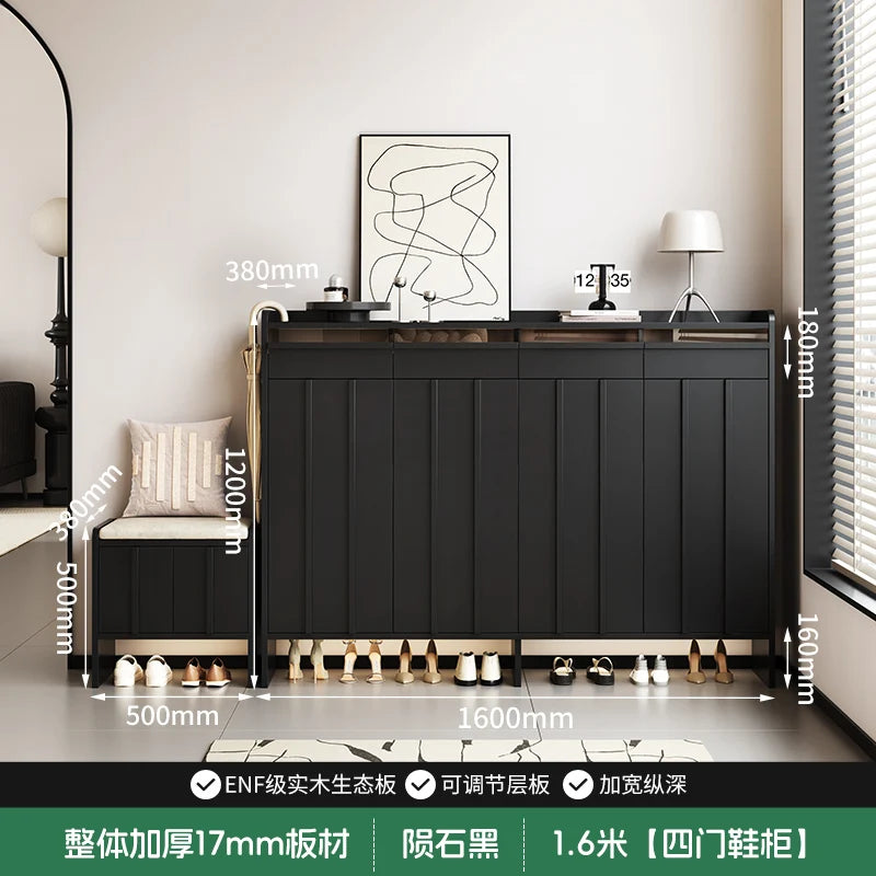 meuble entrée moderne noir panneaux verticaux lisses rangement tabouret coussin plaques mesure
