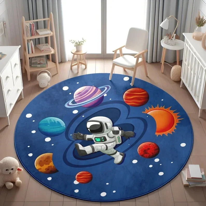 tapis rond enfant chambre astronaute planètes fusée espace décoration sol chambre bébé moderne bleu