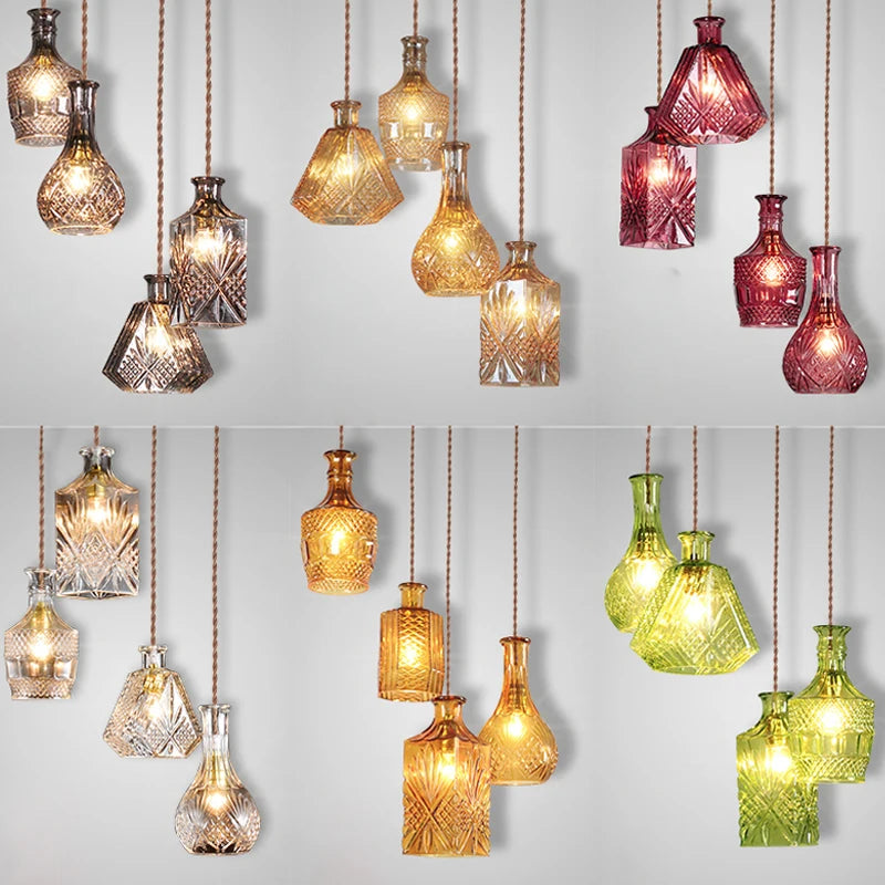 lampe suspendue vintage verre transparent motif géométrique ampoule câble noir vert amber